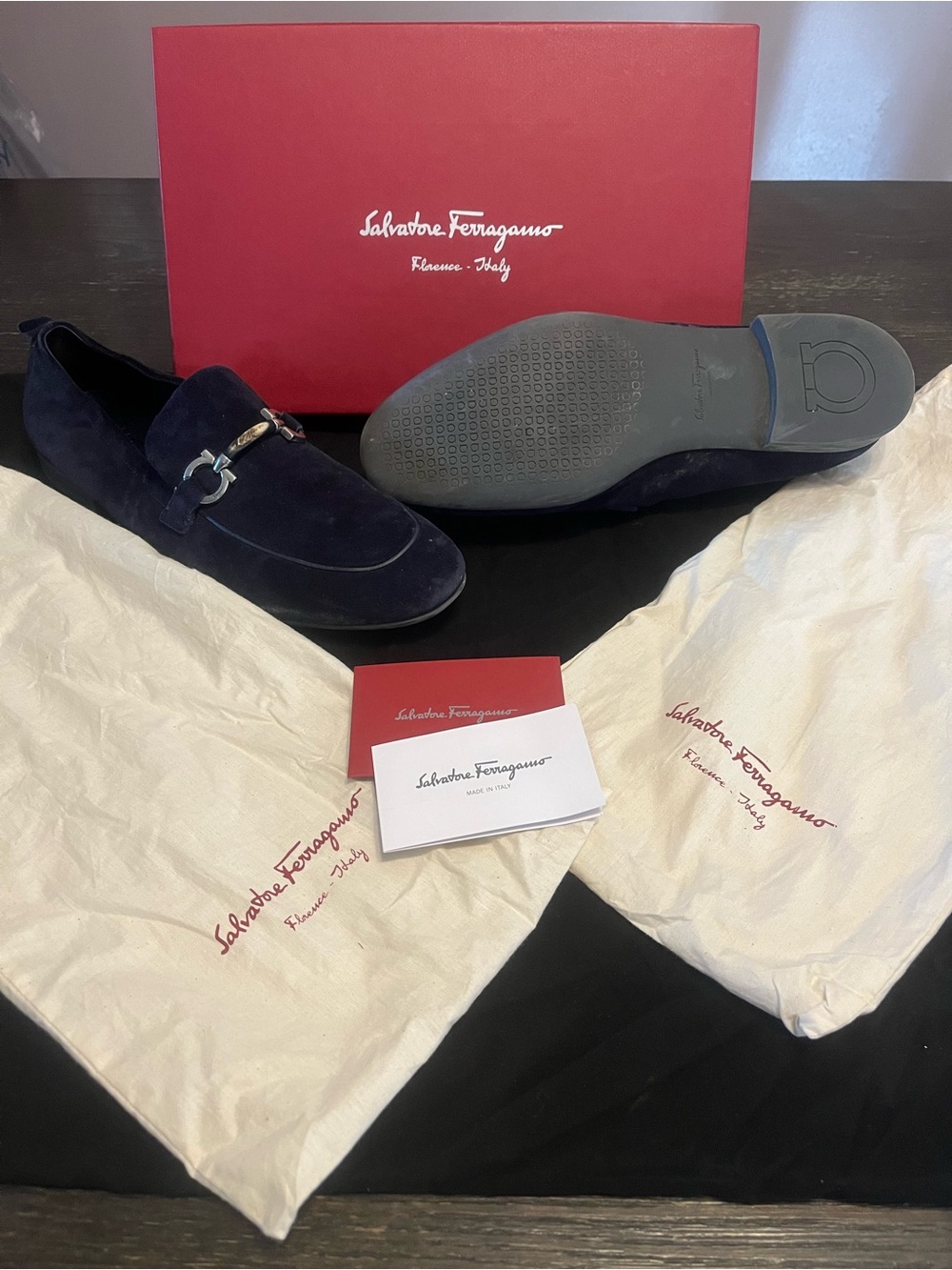Salvatore Ferragamo Navy Suede Bit Loafers with Silver Hardware